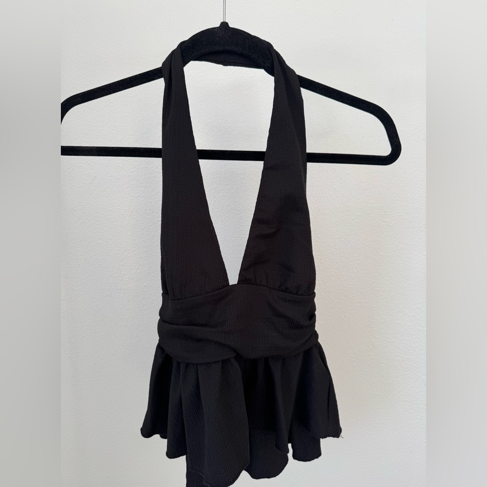 Zara Black Halter Peplum Blouse with V-Neck